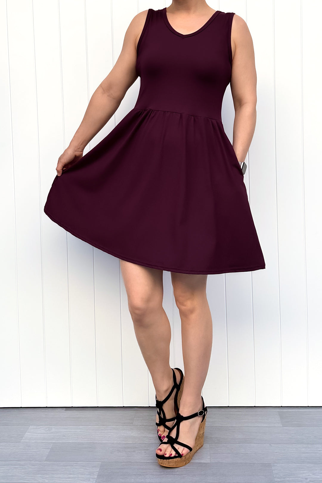 Plum - Sleeveless Mini Dress - Pockets
