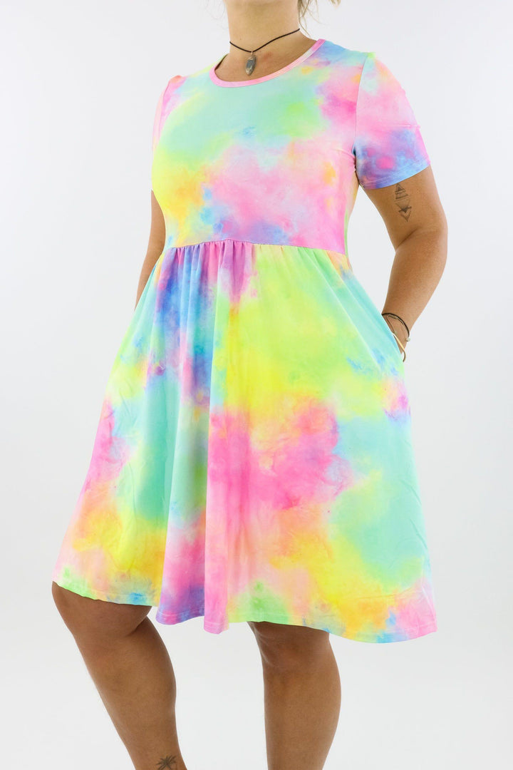 Fairy Floss - Short Sleeve Skater Dress - Knee Length - Side Pockets Knee Length Skater Dress Pawlie   