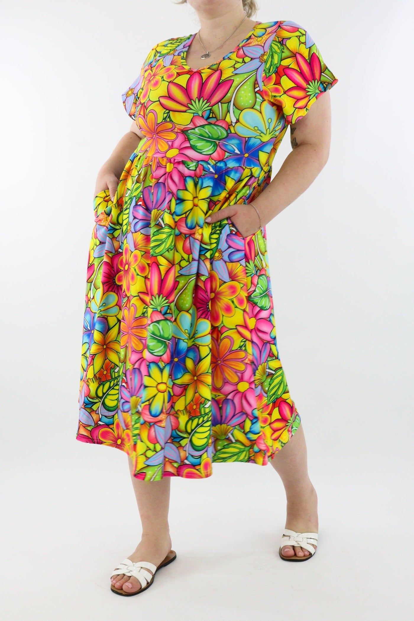 Tutti Frutti Flower - A-Line Dress - Midi Length - Side Pockets - Pawlie