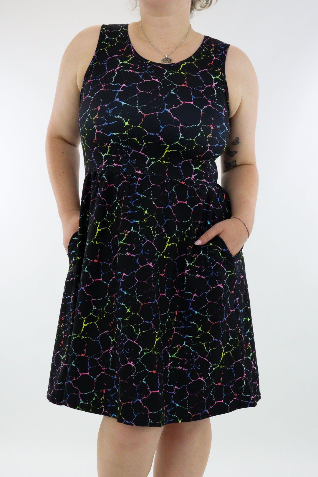 Rainbow Marble - Sleeveless Skater Dress - Knee Length - Side Pockets - Pawlie