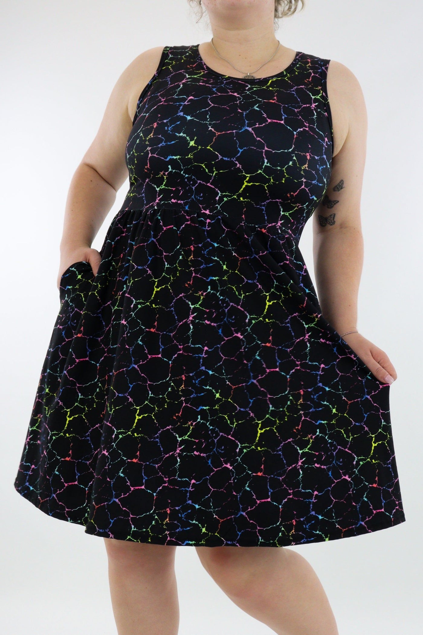 Rainbow Marble - Sleeveless Skater Dress - Knee Length - Side Pockets - Pawlie