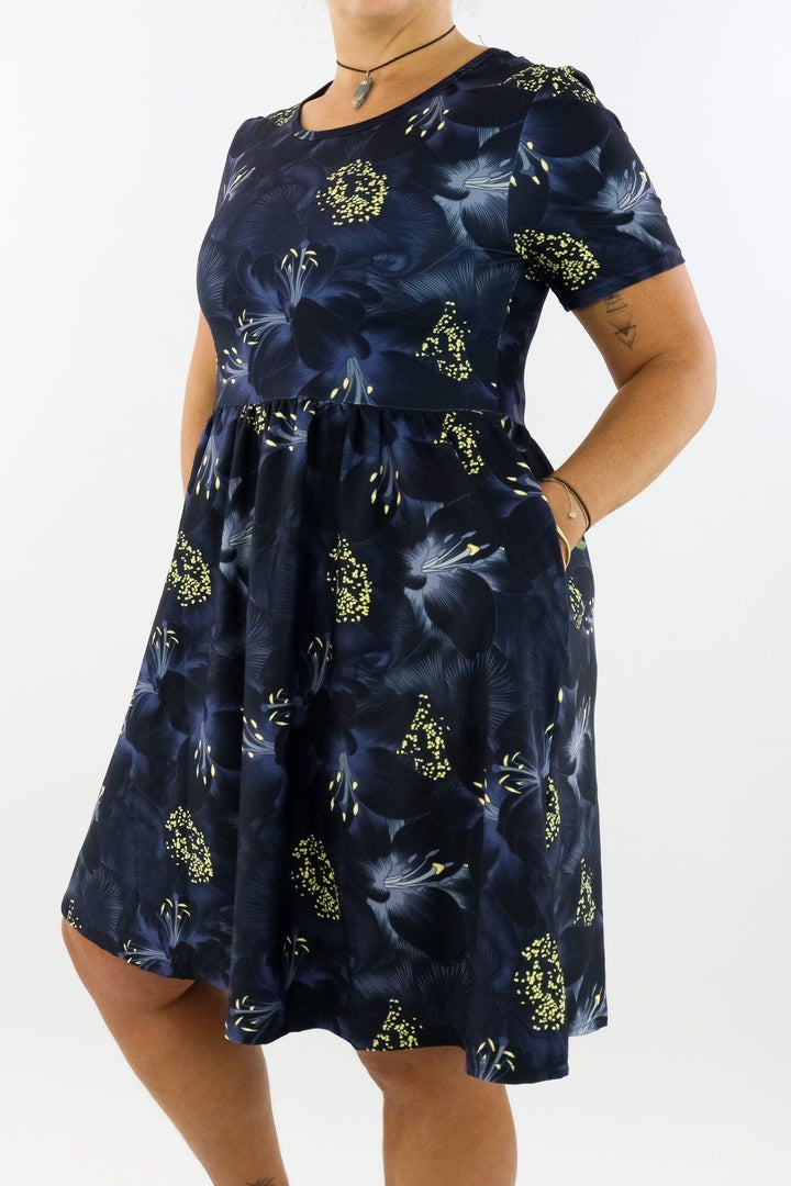 Dark Flowers - Short Sleeve Skater Dress - Knee Length - Side Pockets Knee Length Skater Dress Pawlie   