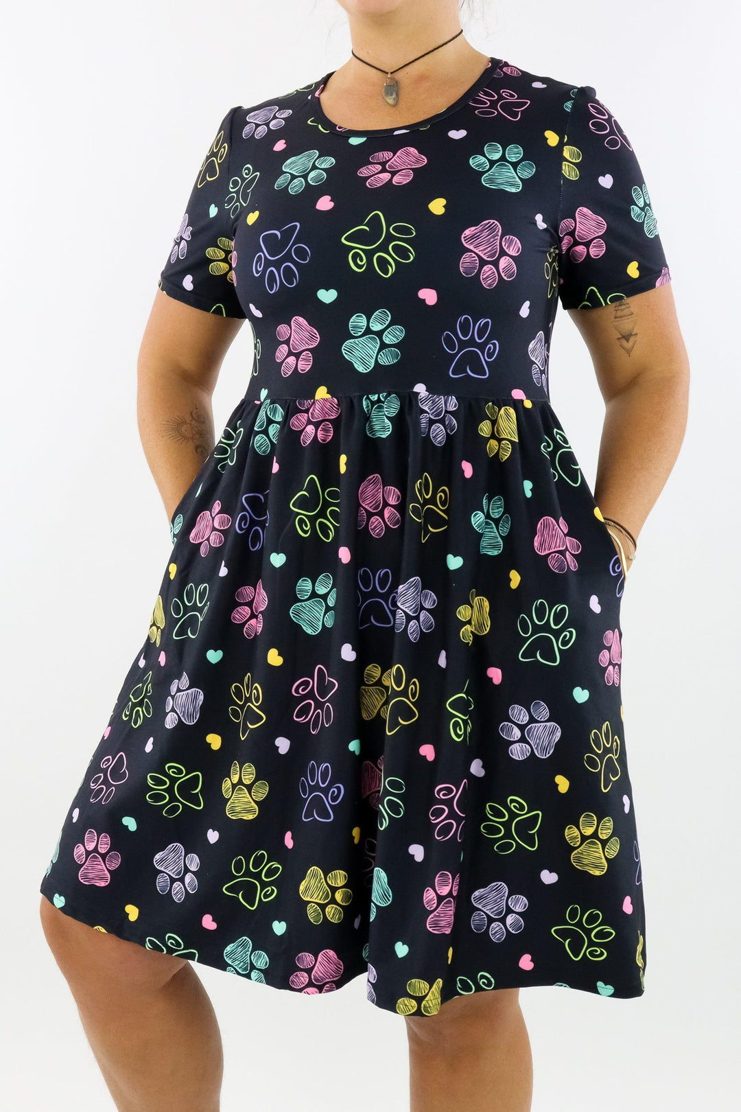 Doodle Paws - Short Sleeve Skater Dress - Knee Length - Side Pockets Knee Length Skater Dress Pawlie   