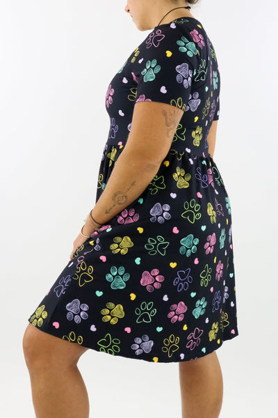 Doodle Paws - Short Sleeve Skater Dress - Knee Length - Side Pockets Knee Length Skater Dress Pawlie   