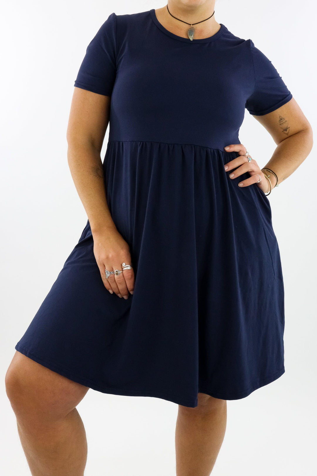 Navy - Short Sleeve Skater Dress - Knee Length - Side Pockets Knee Length Skater Dress Pawlie   