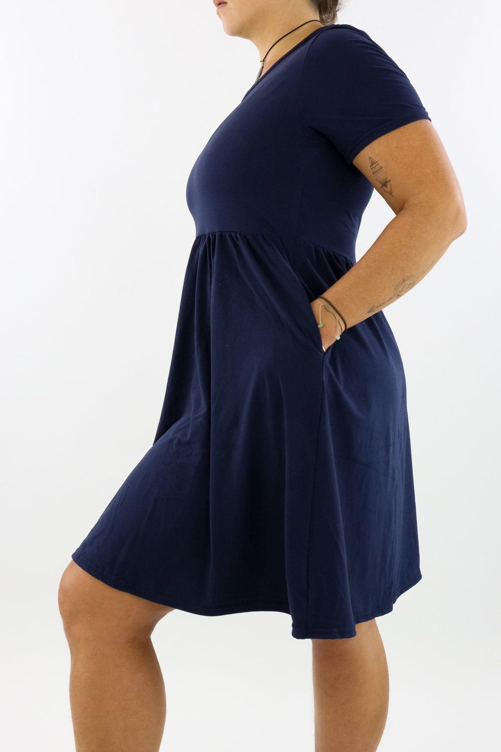 Navy - Short Sleeve Skater Dress - Knee Length - Side Pockets Knee Length Skater Dress Pawlie   