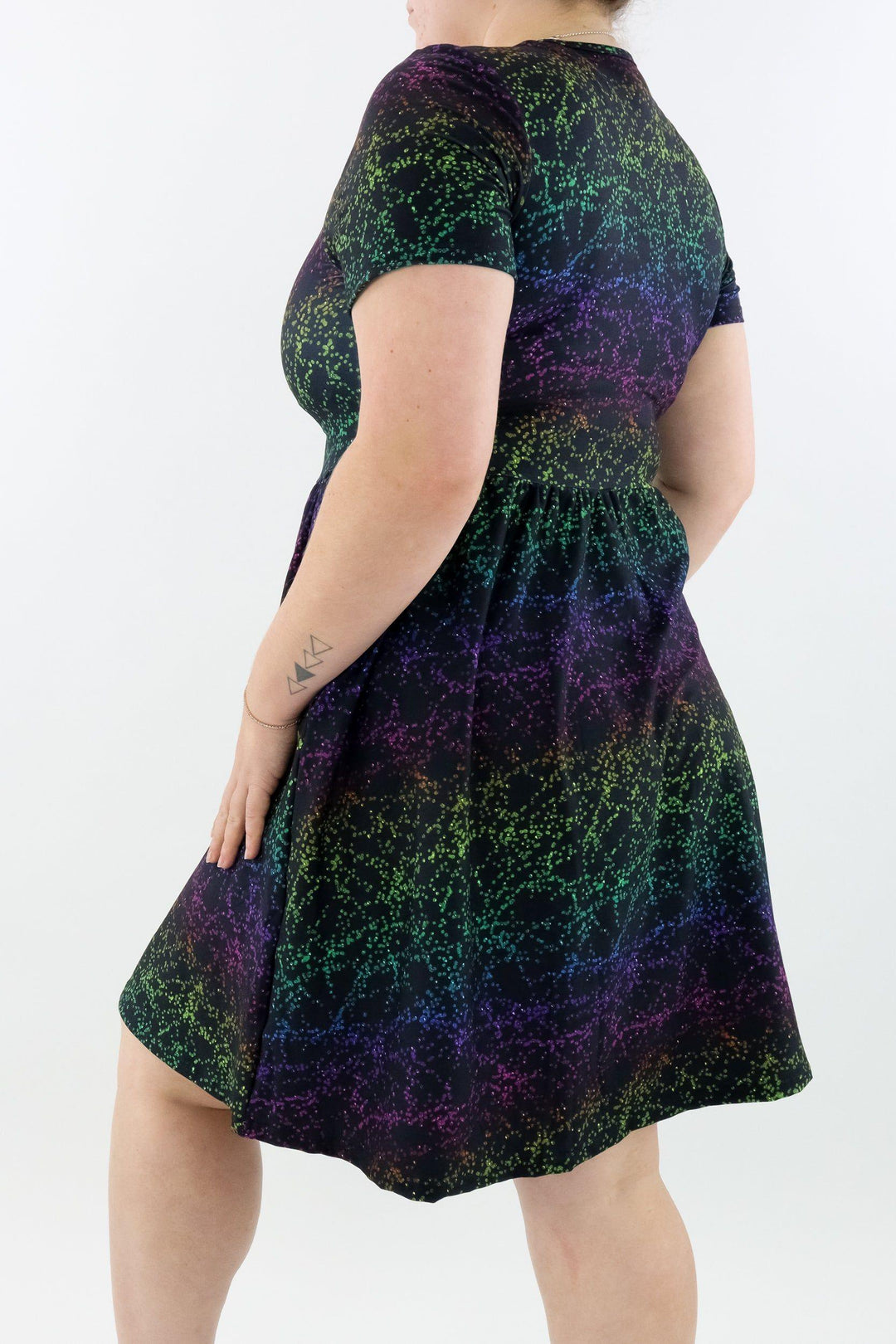 Rainbow Glitter - Short Sleeve Skater Dress - Knee Length - Side Pockets Knee Length Skater Dress Pawlie   