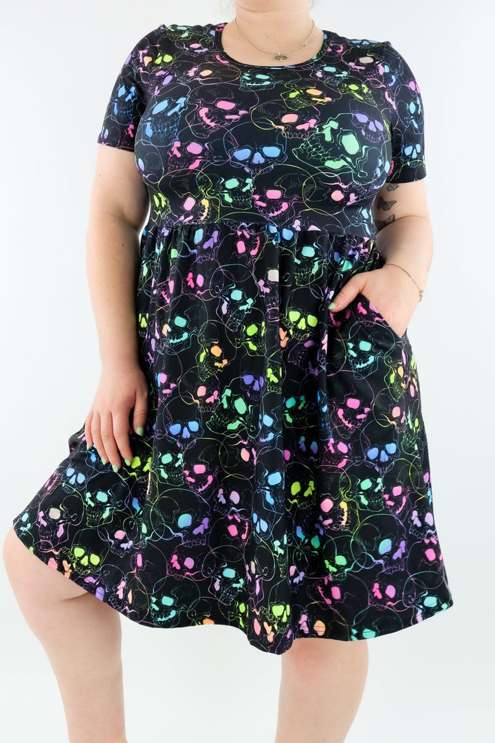 Neon Skull - Short Sleeve Skater Dress - Knee Length - Side Pockets Knee Length Skater Dress Pawlie   