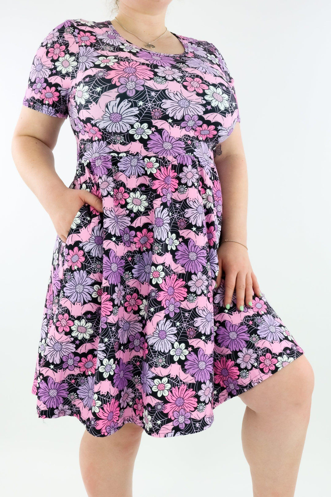 Pretty Scary - Short Sleeve Skater Dress - Knee Length - Side Pockets Knee Length Skater Dress Pawlie   