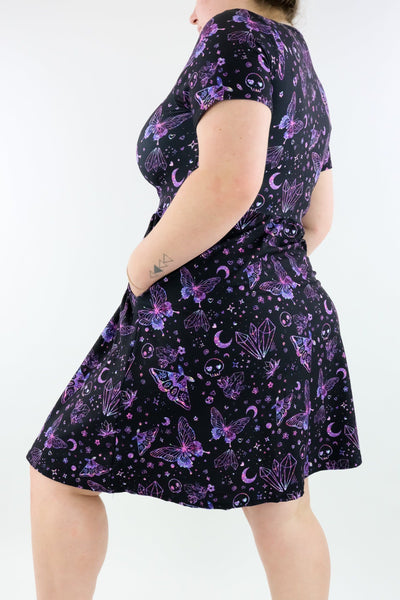 Glitter Witch - Short Sleeve Skater Dress - Knee Length - Side Pockets Knee Length Skater Dress Pawlie   