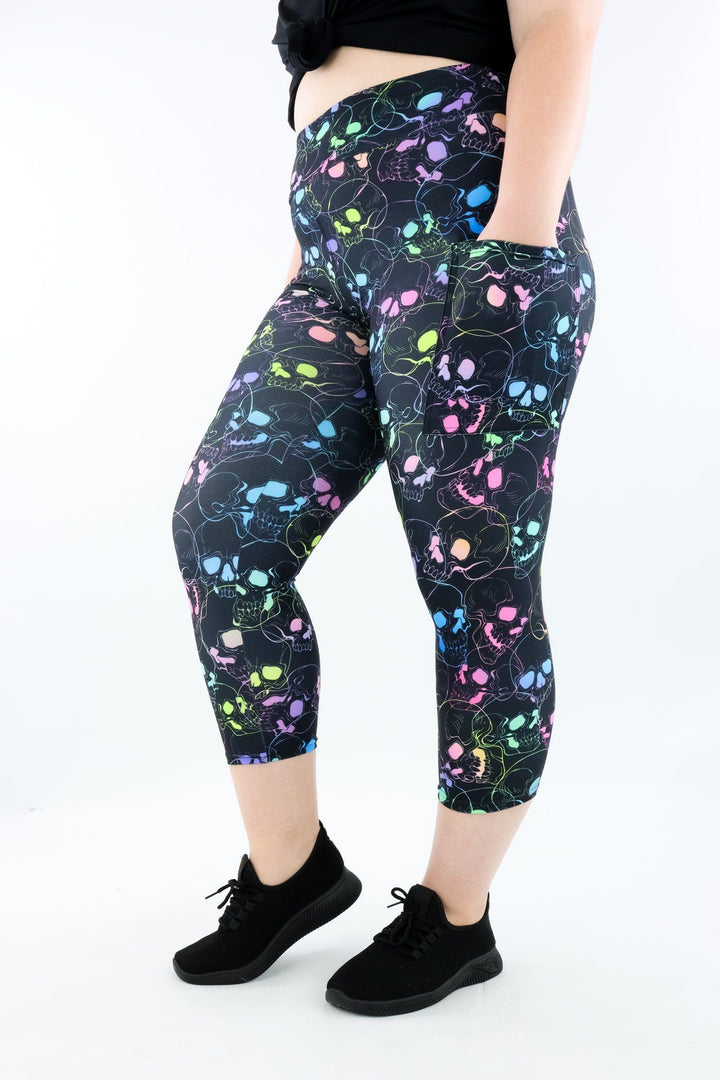 Neon Skull - Casual - Capri Leggings - Pockets Casual Capri Leggings - Pockets Pawlie   