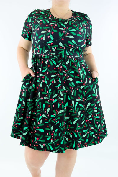 Mistletoe - Short Sleeve Skater Dress - Knee Length - Side Pockets Knee Length Skater Dress Pawlie   