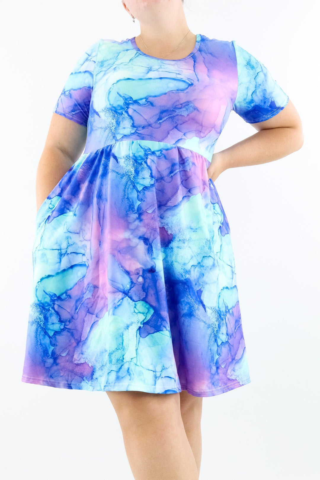 Water Ink - Short Sleeve Skater Dress - Knee Length - Side Pockets - Pawlie