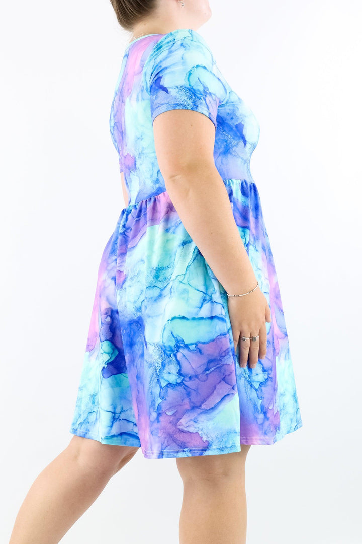 Water Ink - Short Sleeve Skater Dress - Knee Length - Side Pockets - Pawlie