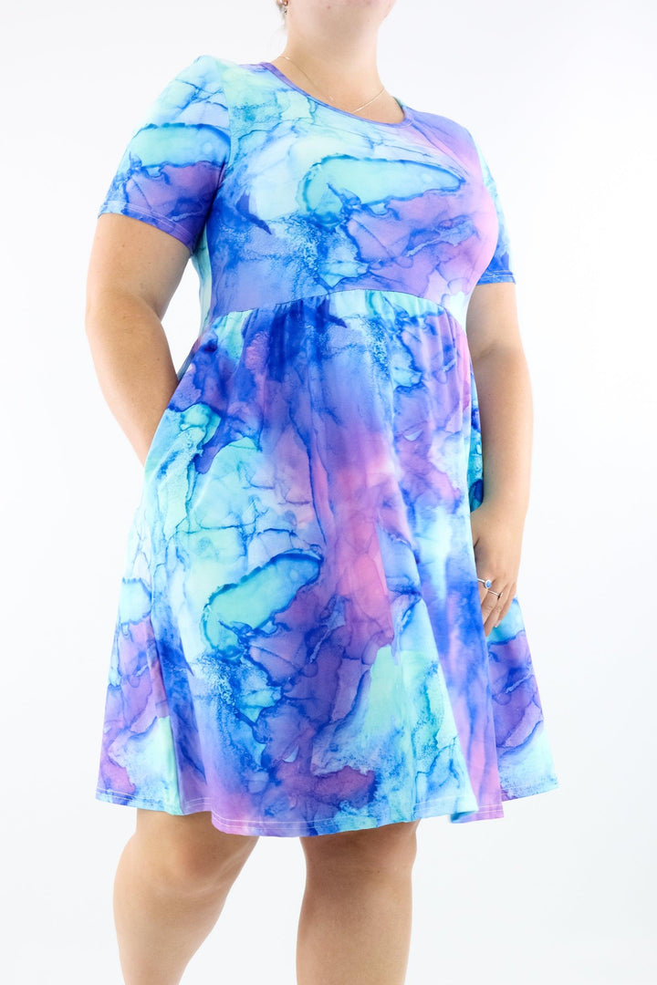 Water Ink - Short Sleeve Skater Dress - Knee Length - Side Pockets - Pawlie