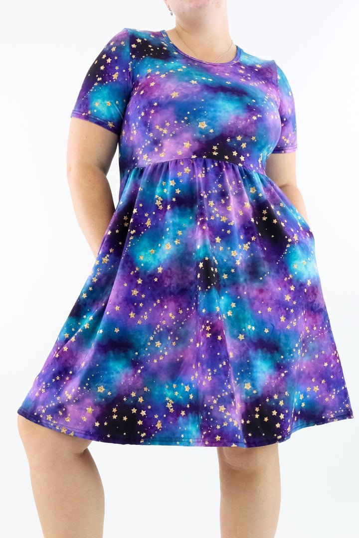 Universe Shimmer - Short Sleeve Skater Dress - Knee Length - Side Pockets - Pawlie