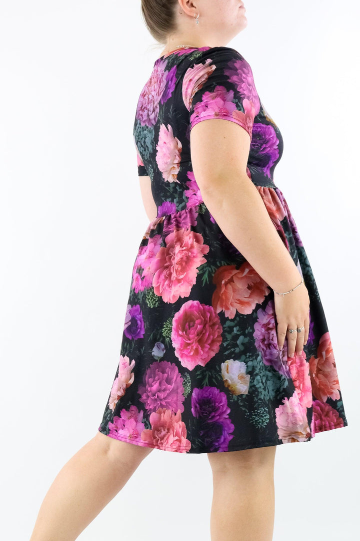 Peony Passion - Short Sleeve Skater Dress - Knee Length - Side Pockets - Pawlie