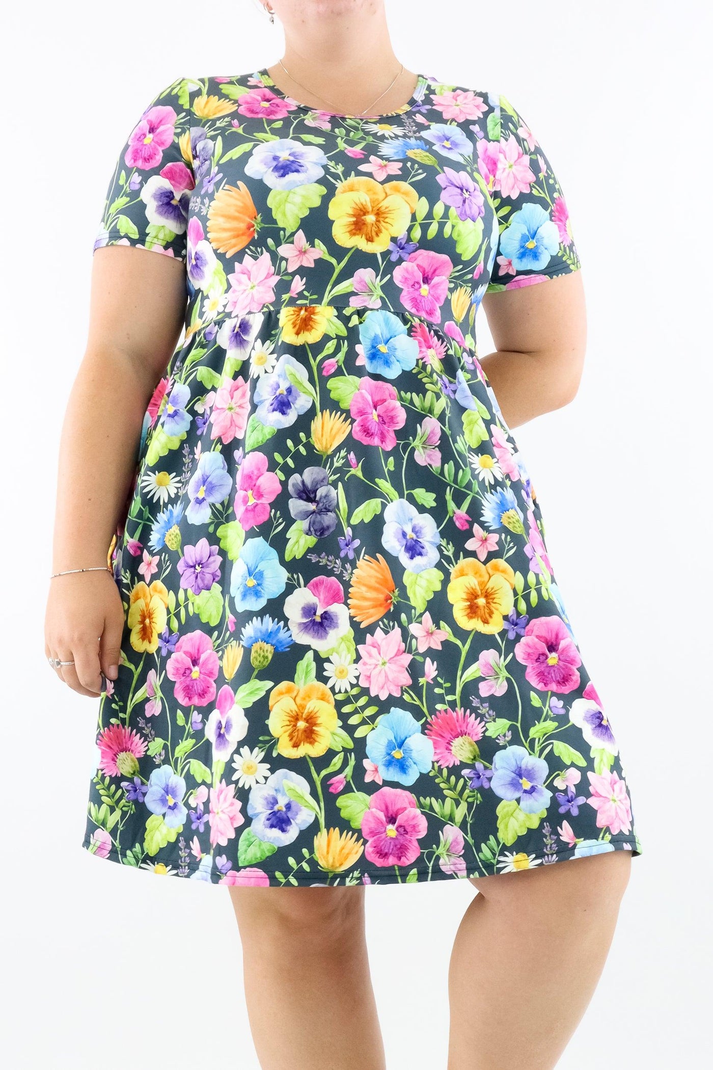 Pretty Pansy - Short Sleeve Skater Dress - Knee Length - Side Pockets - Pawlie