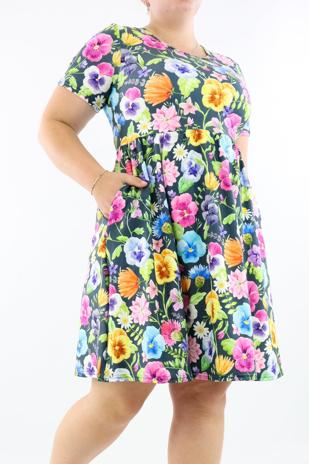 Pretty Pansy - Short Sleeve Skater Dress - Knee Length - Side Pockets - Pawlie