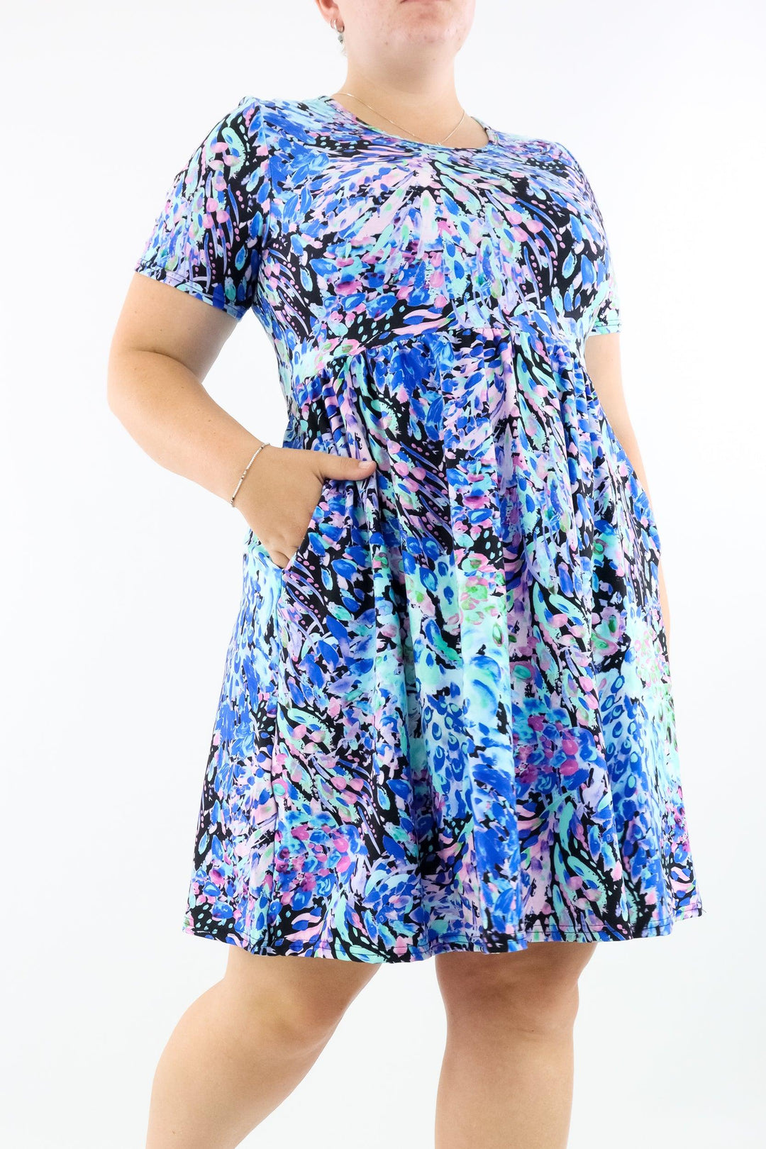 Watercolour Peacock - Short Sleeve Skater Dress - Knee Length - Side Pockets - Pawlie