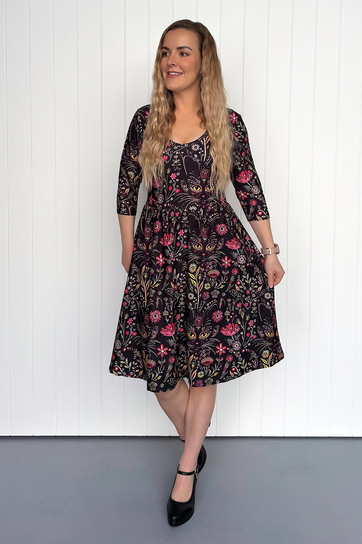 Whiskers & Wildflowers - 3/4 Sleeve - Knee Length Dress - Pockets