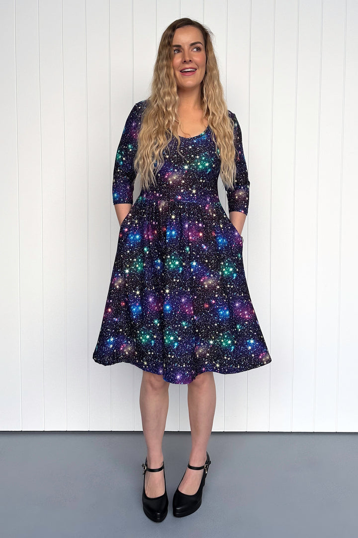 Galaxies Far Away - 3/4 Sleeve - Knee Length Dress - Pockets