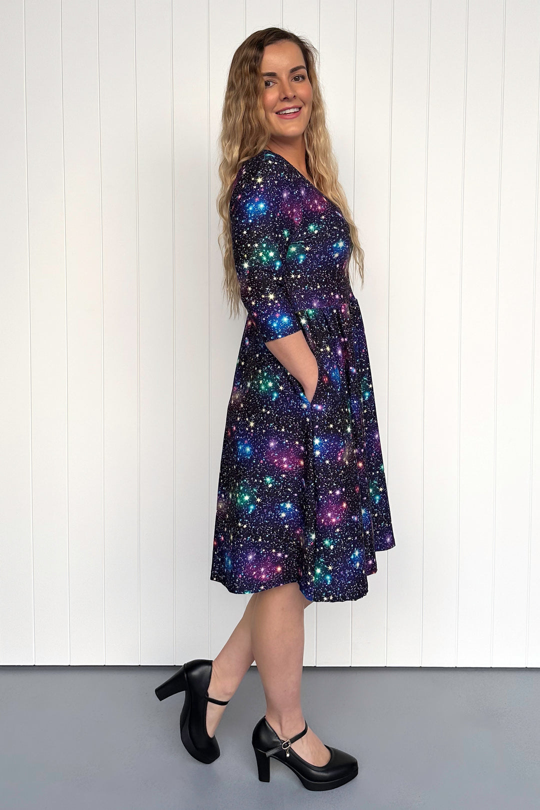 Galaxies Far Away - 3/4 Sleeve - Knee Length Dress - Pockets