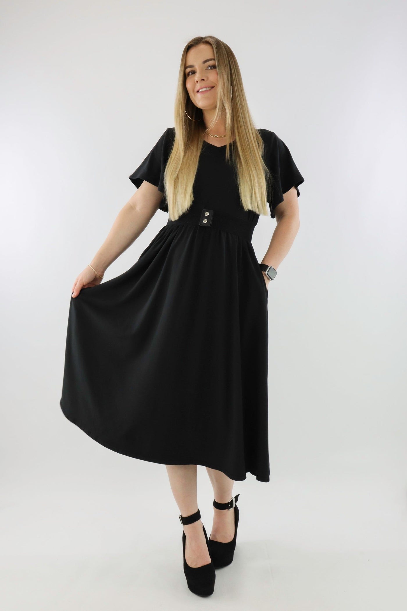 Black - V-neck - Flutter Sleeve A-Line Dress - Pockets