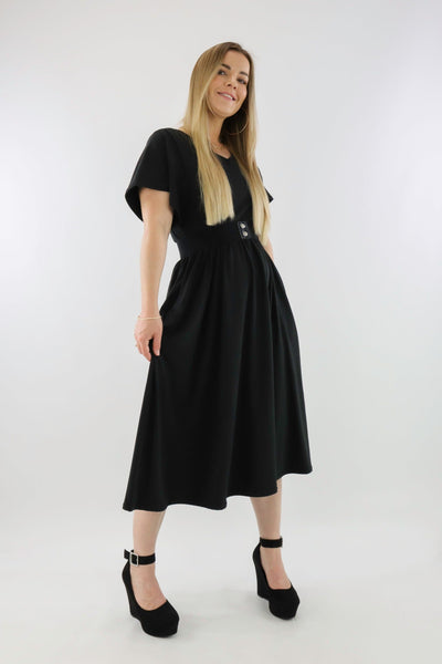 Black - V-neck - Flutter Sleeve A-Line Dress - Pockets