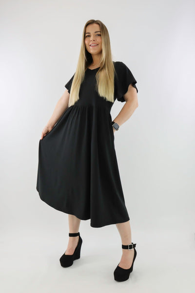 Black - V-neck - Flutter Sleeve A-Line Dress - Pockets