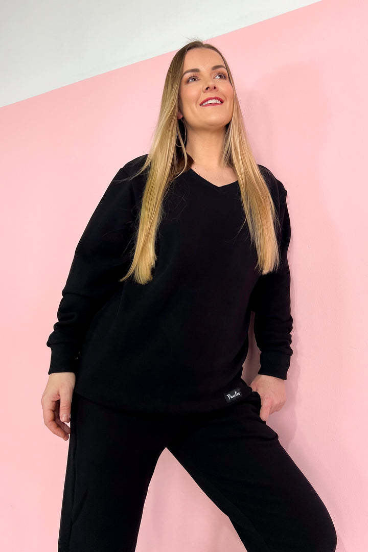 Black - Fleece Jumper - V-neck