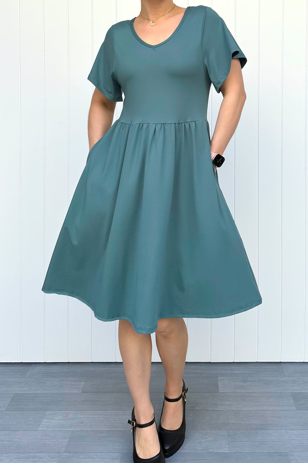Teal - Knee Length Dress - Flutter Sleeve - Pockets
