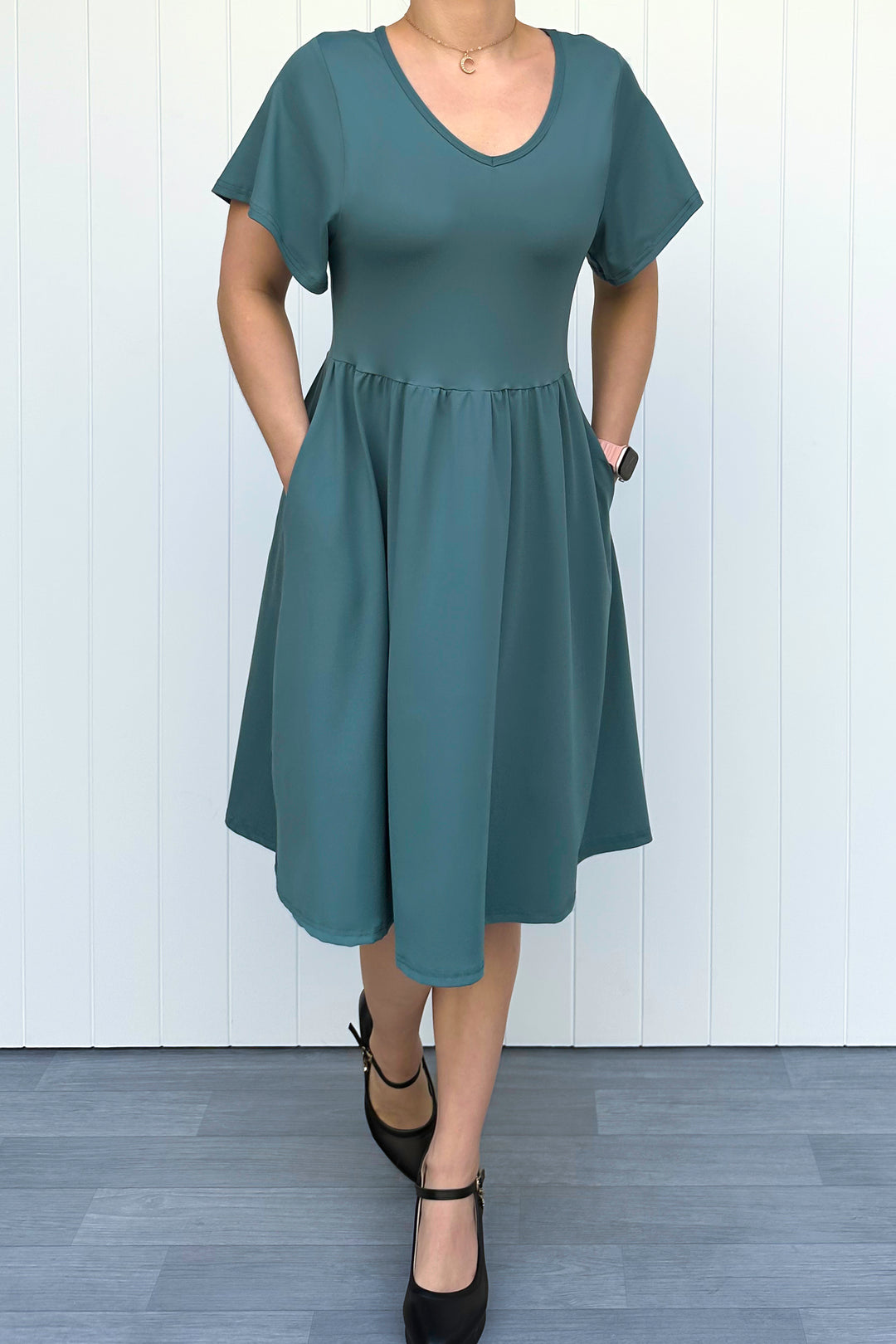 Teal - Knee Length Dress - Flutter Sleeve - Pockets