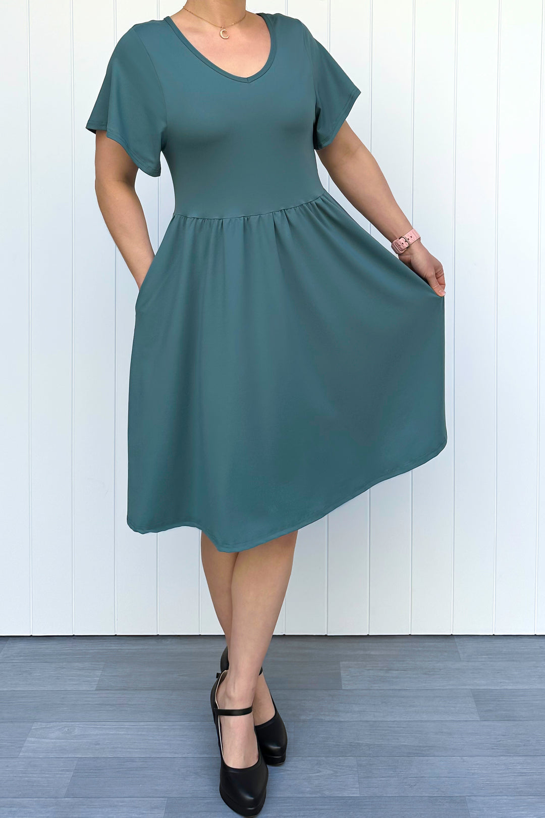 Teal - Knee Length Dress - Flutter Sleeve - Pockets