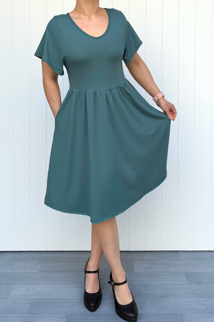 Teal - Knee Length Dress - Flutter Sleeve - Pockets