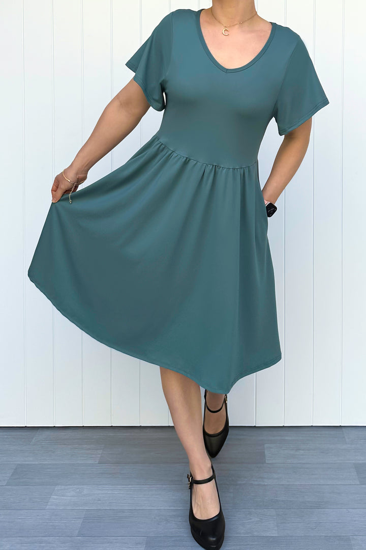 Teal - Knee Length Dress - Flutter Sleeve - Pockets