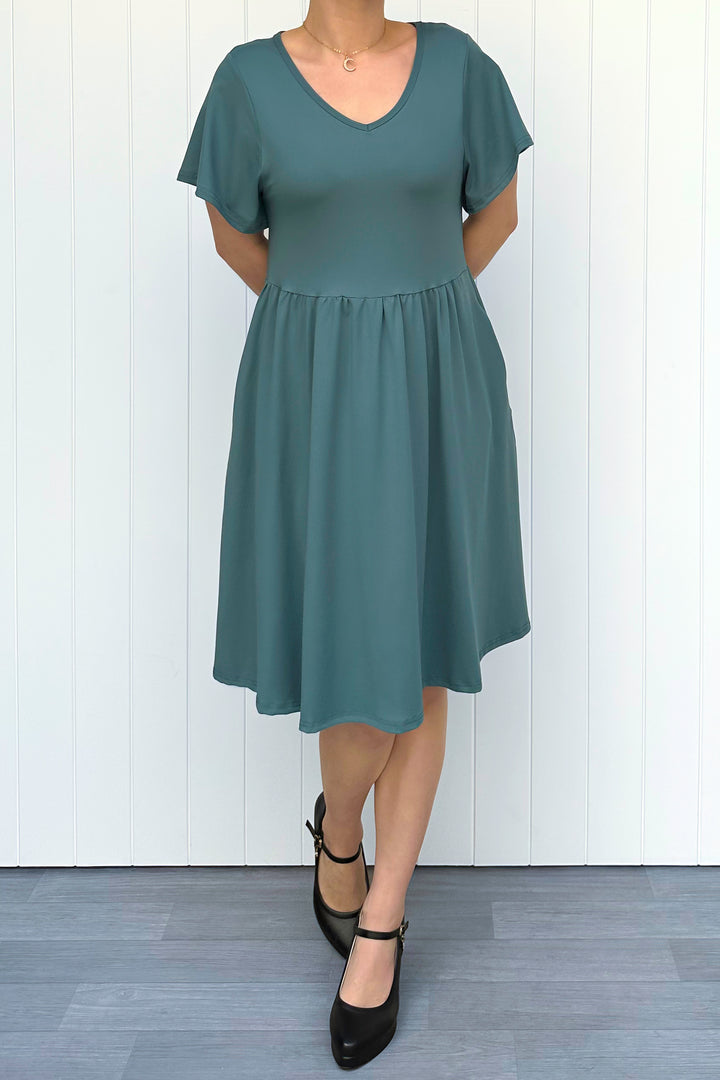 Teal - Knee Length Dress - Flutter Sleeve - Pockets