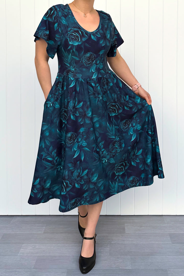 Teal Blooms - Midi Dress - Flutter Sleeve - Pockets