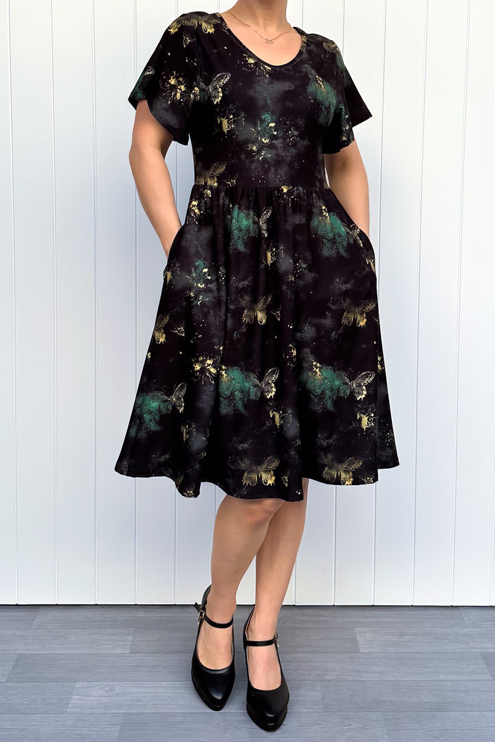 Vintage Emerald Butterfly - Knee Length Dress - Flutter Sleeve - Pockets