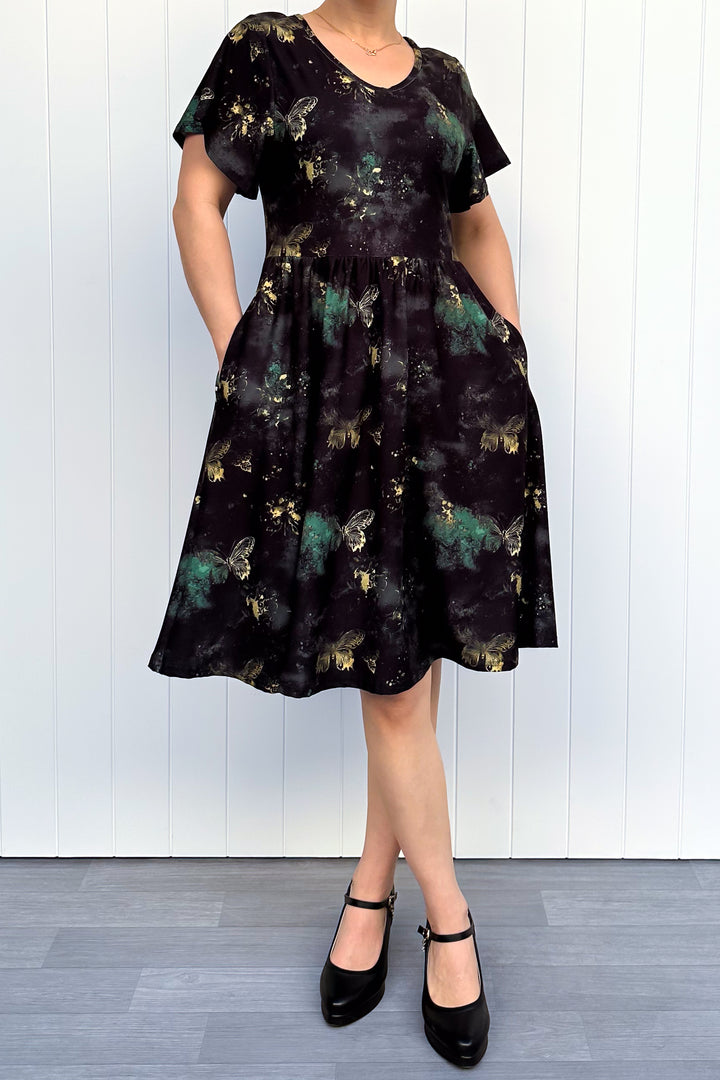 Vintage Emerald Butterfly - Knee Length Dress - Flutter Sleeve - Pockets