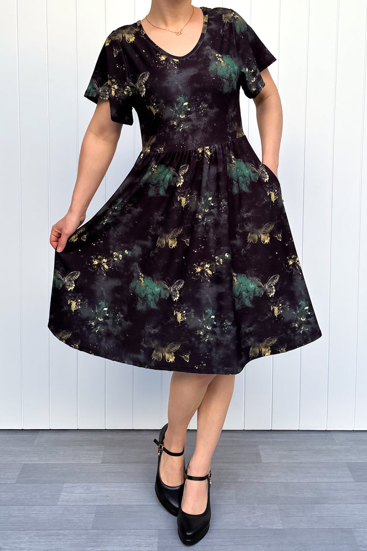 Vintage Emerald Butterfly - Knee Length Dress - Flutter Sleeve - Pockets