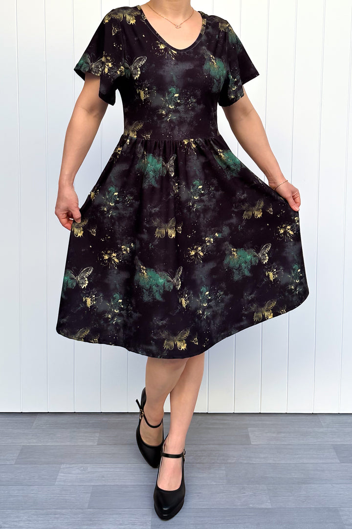 Vintage Emerald Butterfly - Knee Length Dress - Flutter Sleeve - Pockets