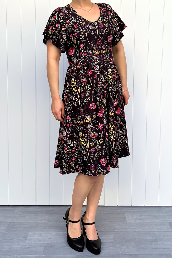 Whiskers and Wildflowers - Knee Length Dress - Flutter Sleeve - Pockets
