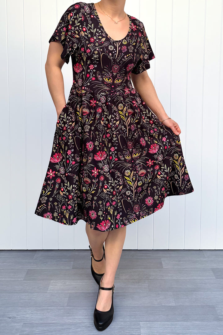 Whiskers and Wildflowers - Knee Length Dress - Flutter Sleeve - Pockets