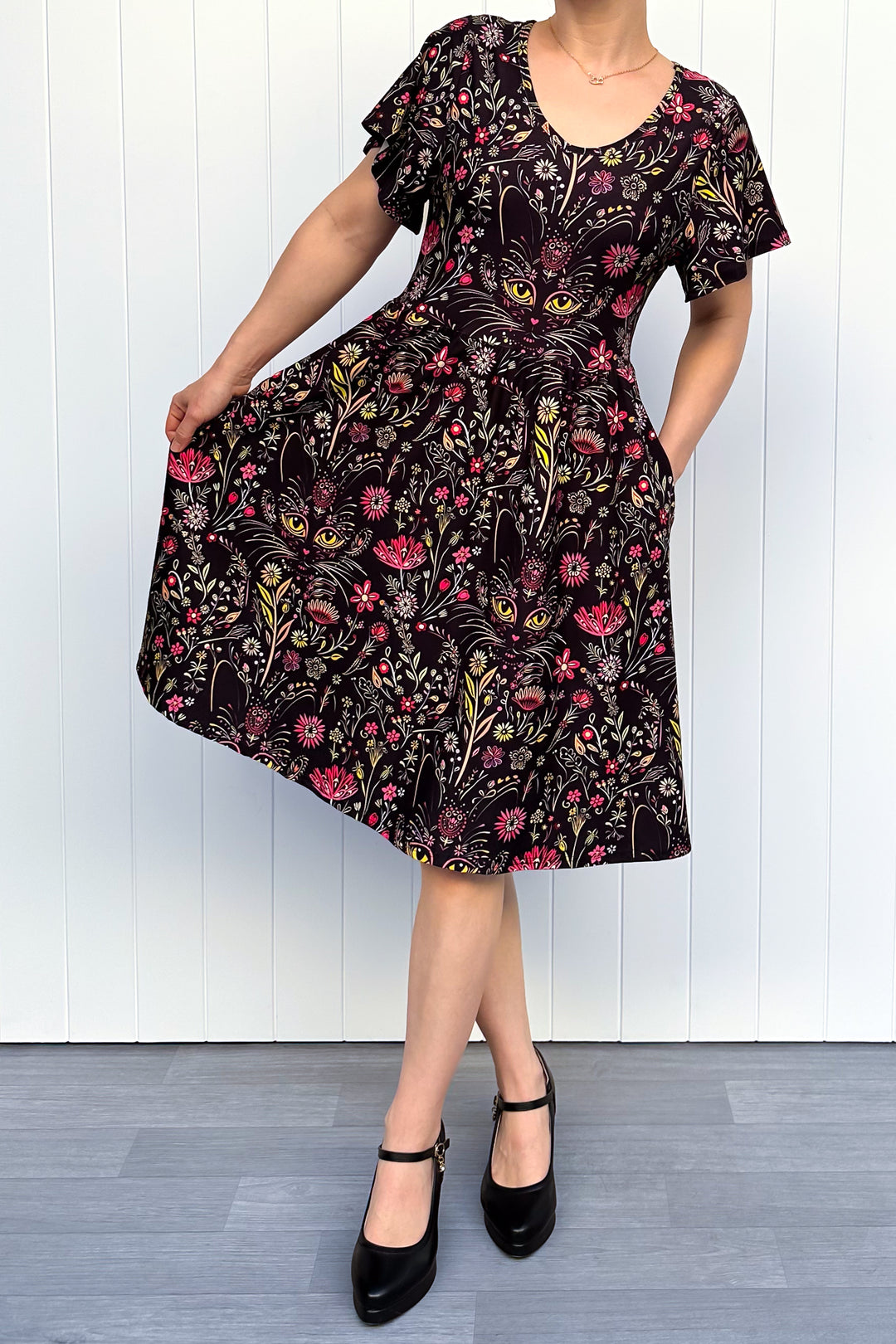 Whiskers and Wildflowers - Knee Length Dress - Flutter Sleeve - Pockets