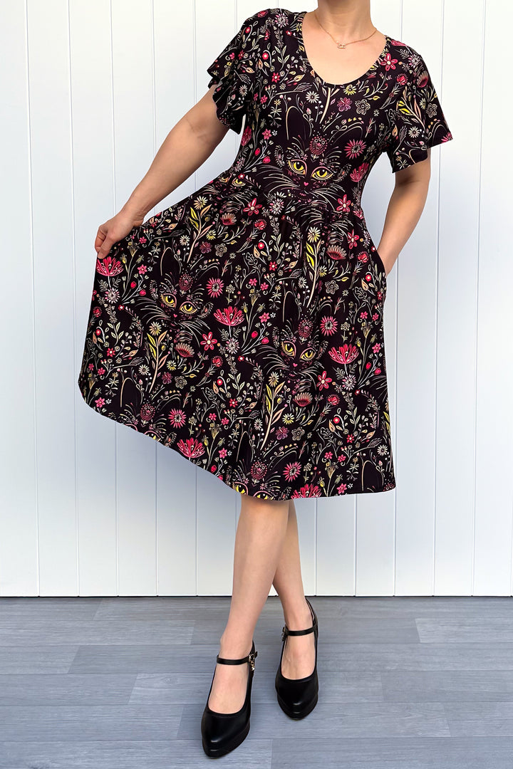 Whiskers and Wildflowers - Knee Length Dress - Flutter Sleeve - Pockets