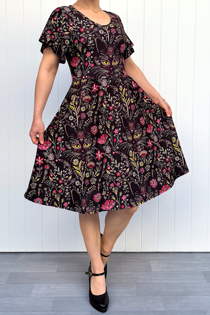 Whiskers and Wildflowers - Knee Length Dress - Flutter Sleeve - Pockets
