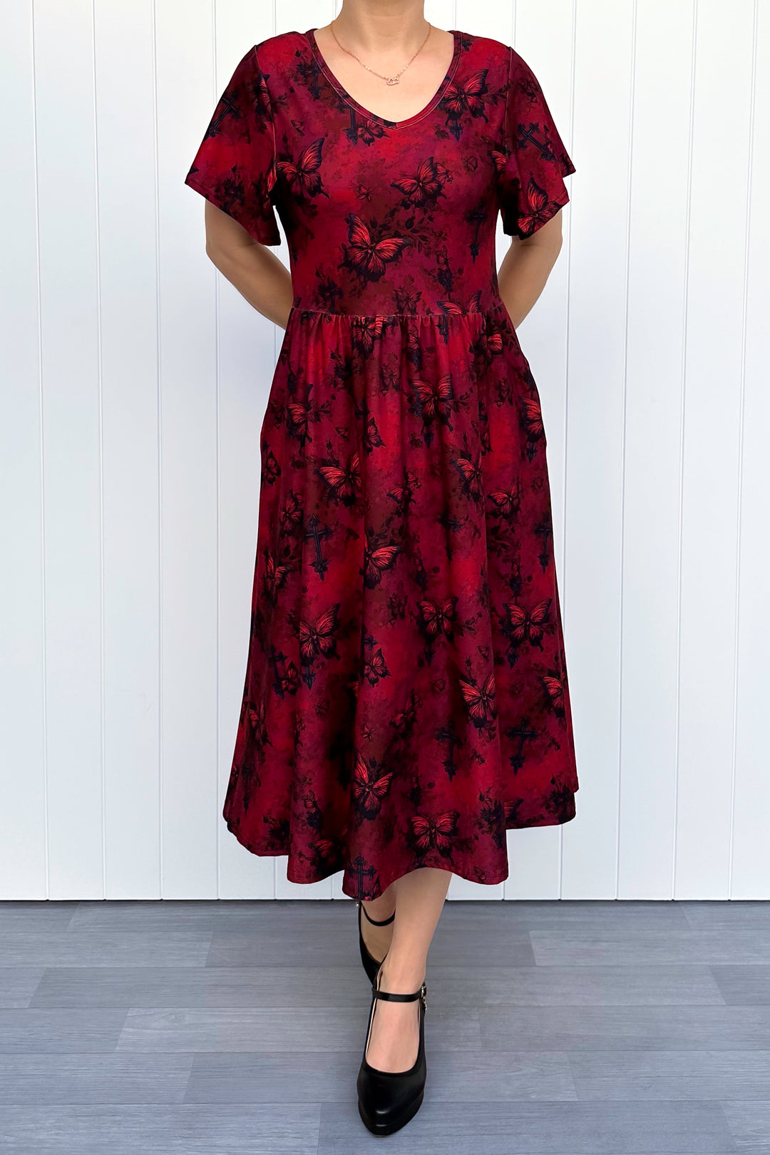 Gothic Butterfly - Midi Dress - Flutter Sleeve - Pockets