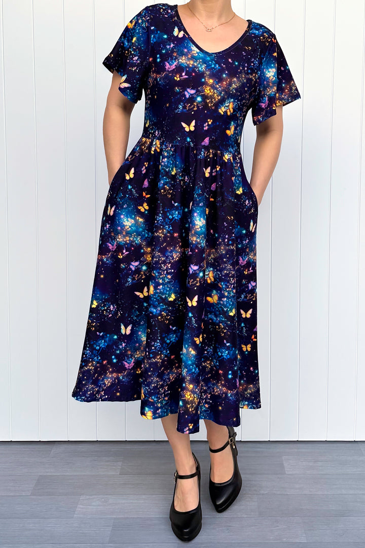 Cosmic Butterfly - Midi Dress - Flutter Sleeve - Pockets