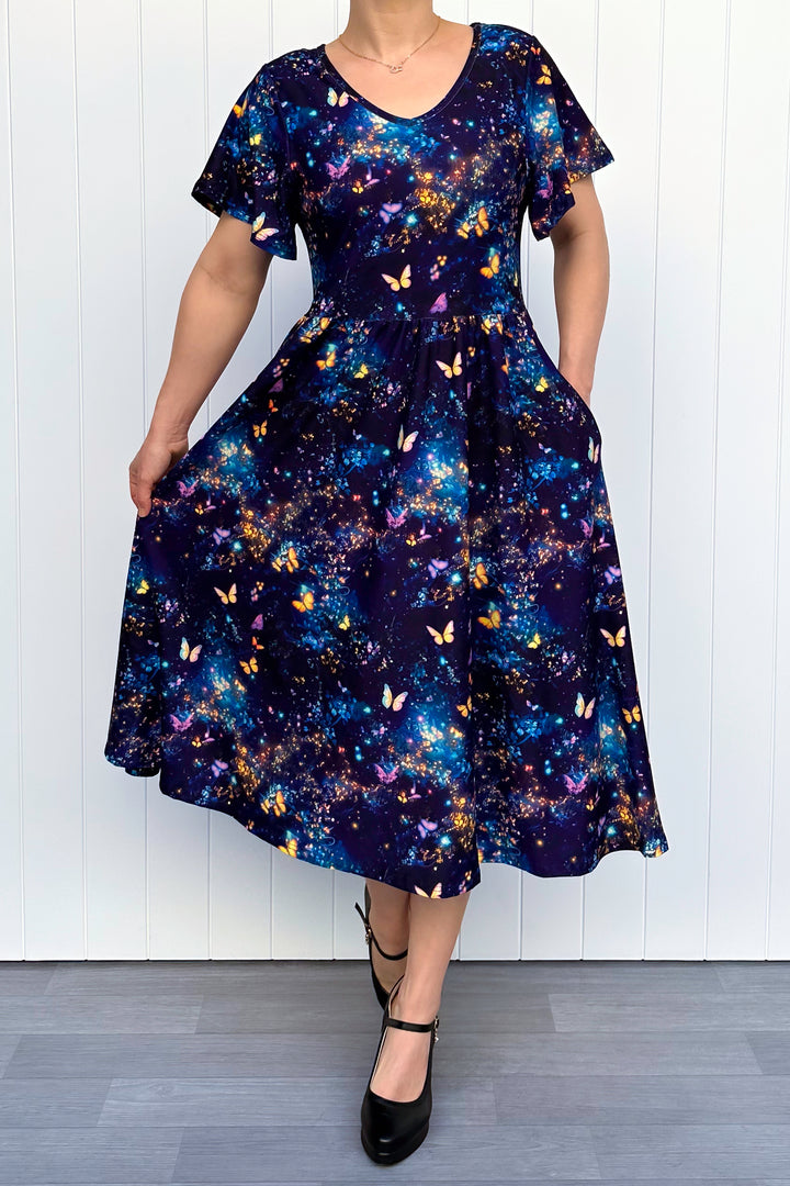 Cosmic Butterfly - Midi Dress - Flutter Sleeve - Pockets